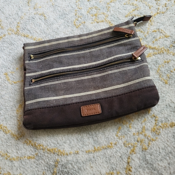 Fossil clutch small bag cotton fabric zipper brown stripes - Picture 1 of 9
